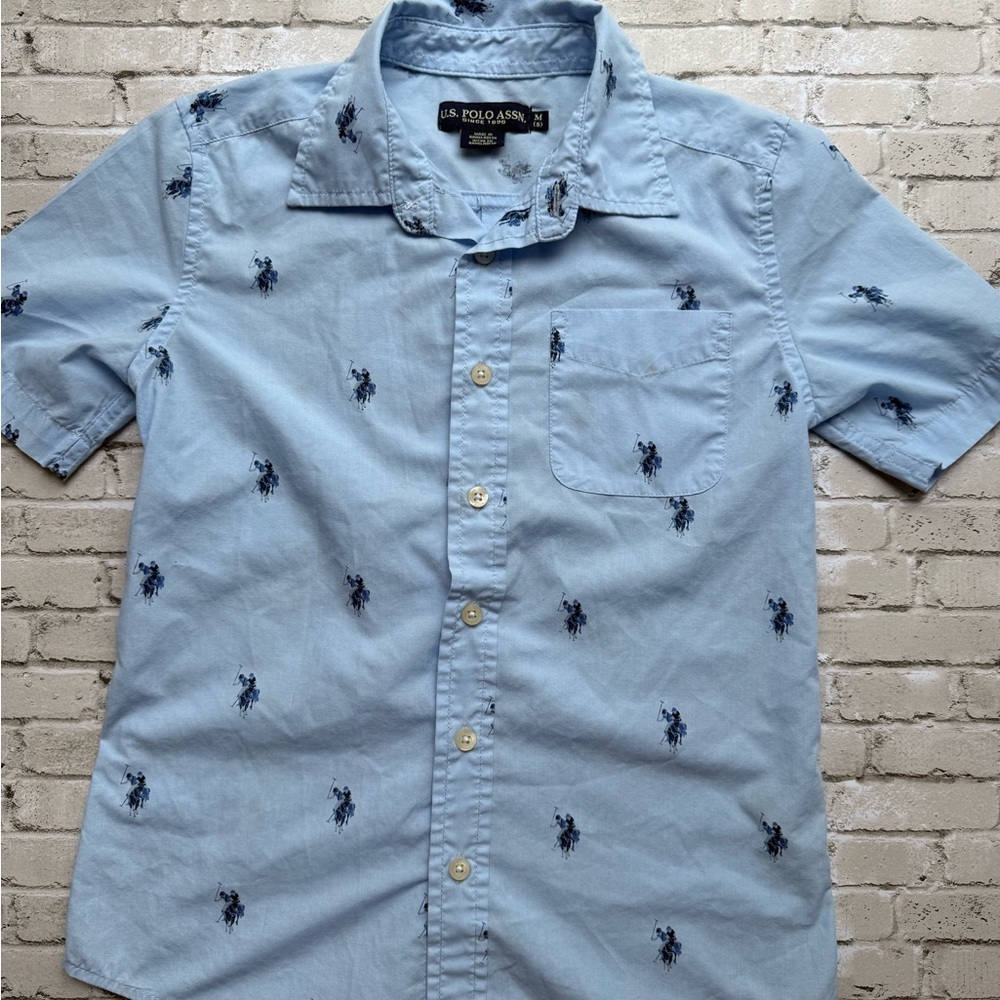 Boys Size 8U.S. Polo Assn. Blue Casual Button Down Shirt with Polo Print